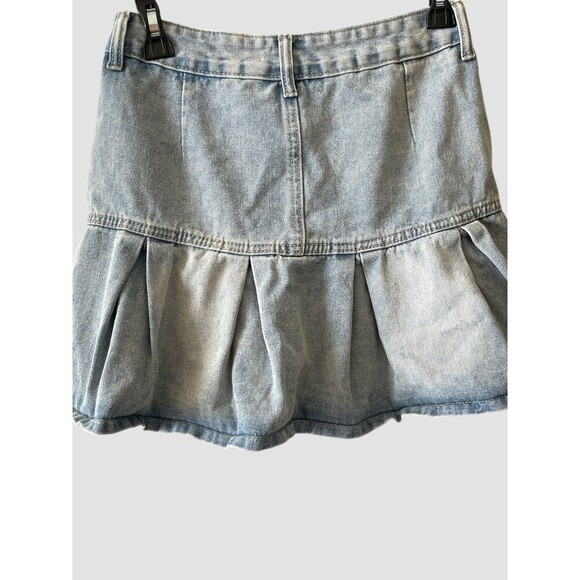 Women’s Denim Pleated Skirt Y2K Fringed Pockets Stretch Sz Medium Cotton Viscose - Picture 5 of 7